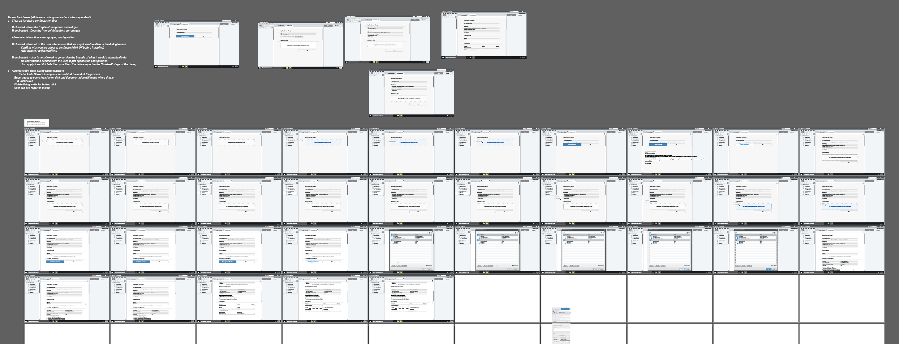 a screenshot of a grid of roughly 40 artboards in adobe illustrator with notes and low fidelity wireframes on each artboard
