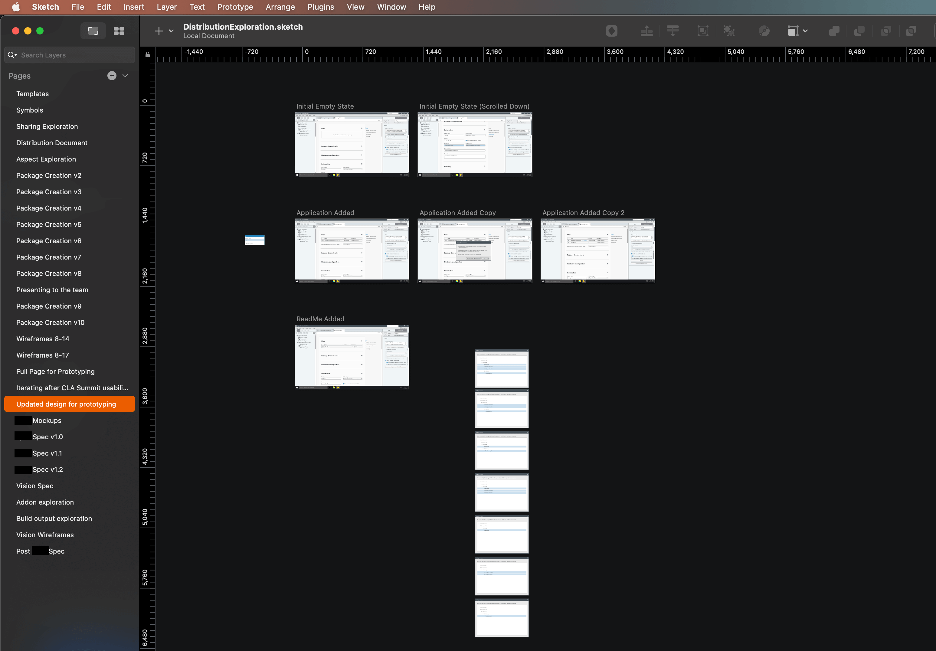 a screenshot of the sketch app with 27 pages, including 10 iteration versions, several pages for prototyping, several pages for specs, and vision wireframes; the selected page contains several wireframes