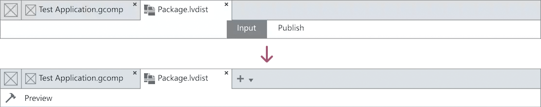 a before and after of a section of a wireframe with a document toolbar showing the before with two tabs, input and publish, and an after with two buttons in the toolbar, a hammer icon for build and a preview text button