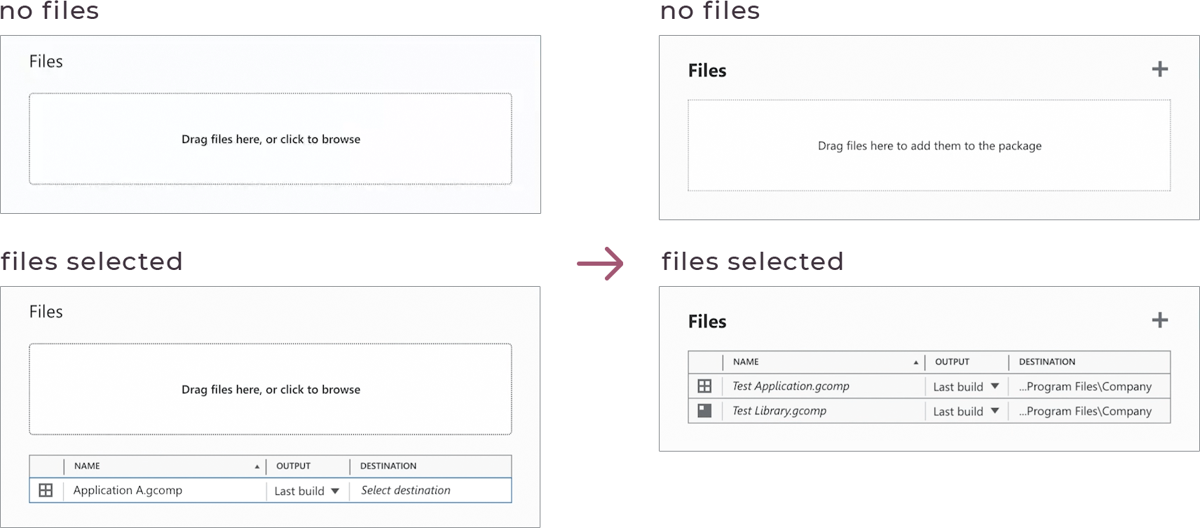 a before and after of a section of a wireframe for the files section showing both the empty state and the state with files selected; the before shows both the files table and the drag/drop target in the selected state, the after replaces the drag/drop target with the files table
