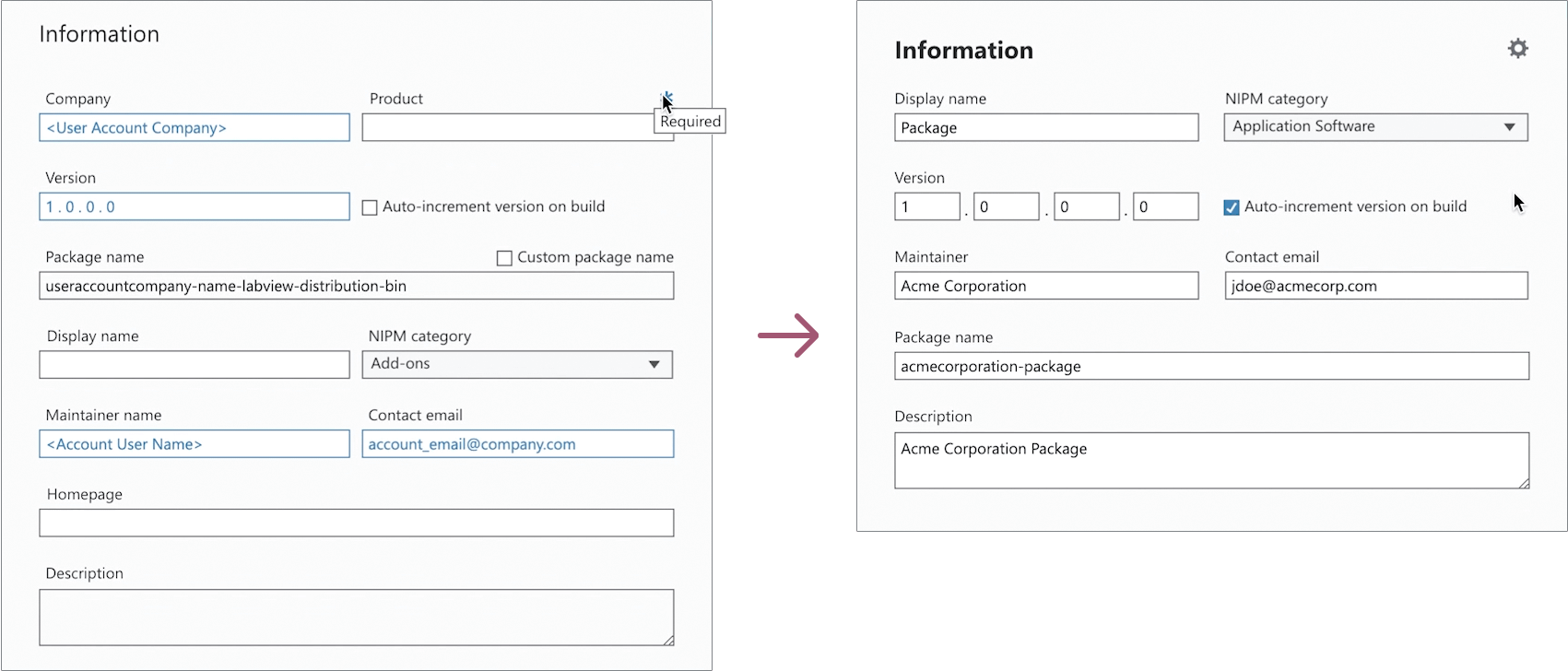 a before and after of a section of a wireframe for the information section, with the before having a field marked as required, and the after having 3 fewer form fields and no required indicators on fields