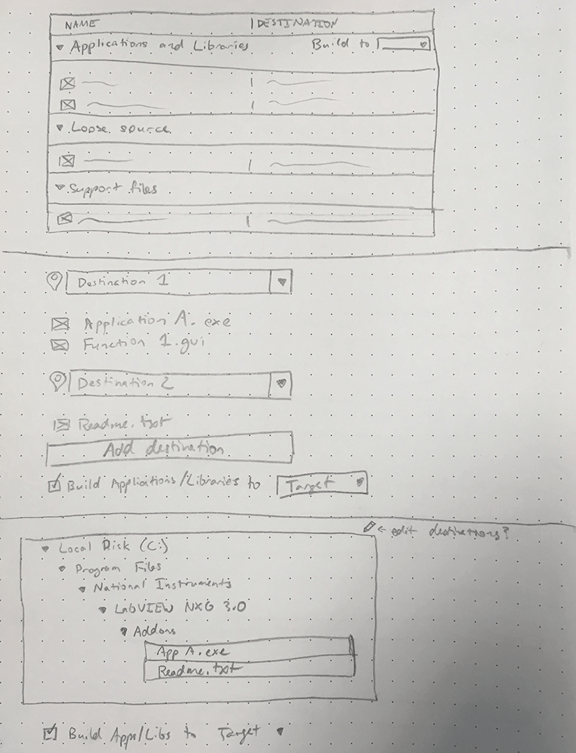 a notebook page with hand drawn sketches of an interface