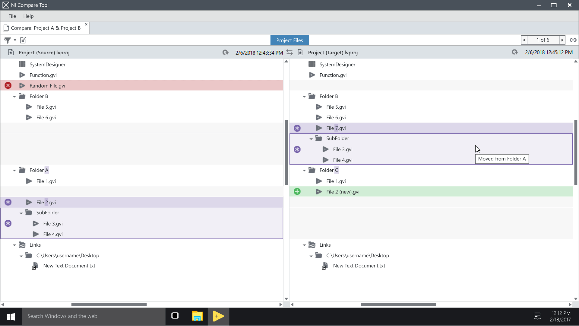a high fidelity mockup of a project with folders being compared, plus mouseover micro-interactions displayed