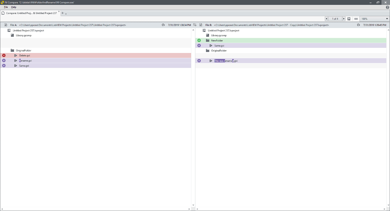 a screenshot of two versions of a project with folders being compared in product